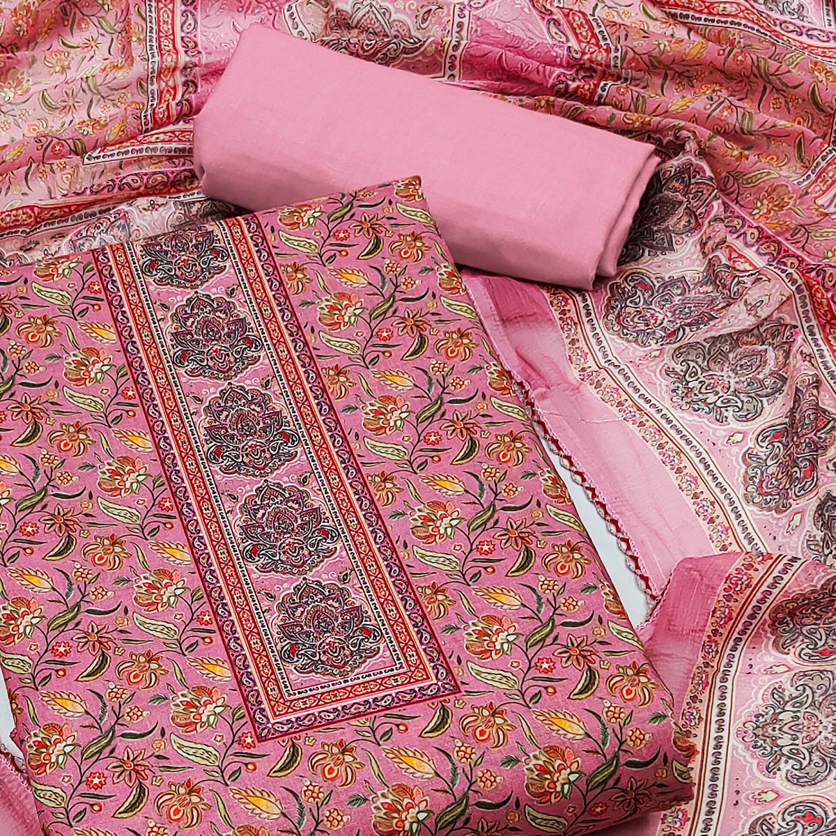 Pink Floral Digital Printed Cotton Blend Dress Material