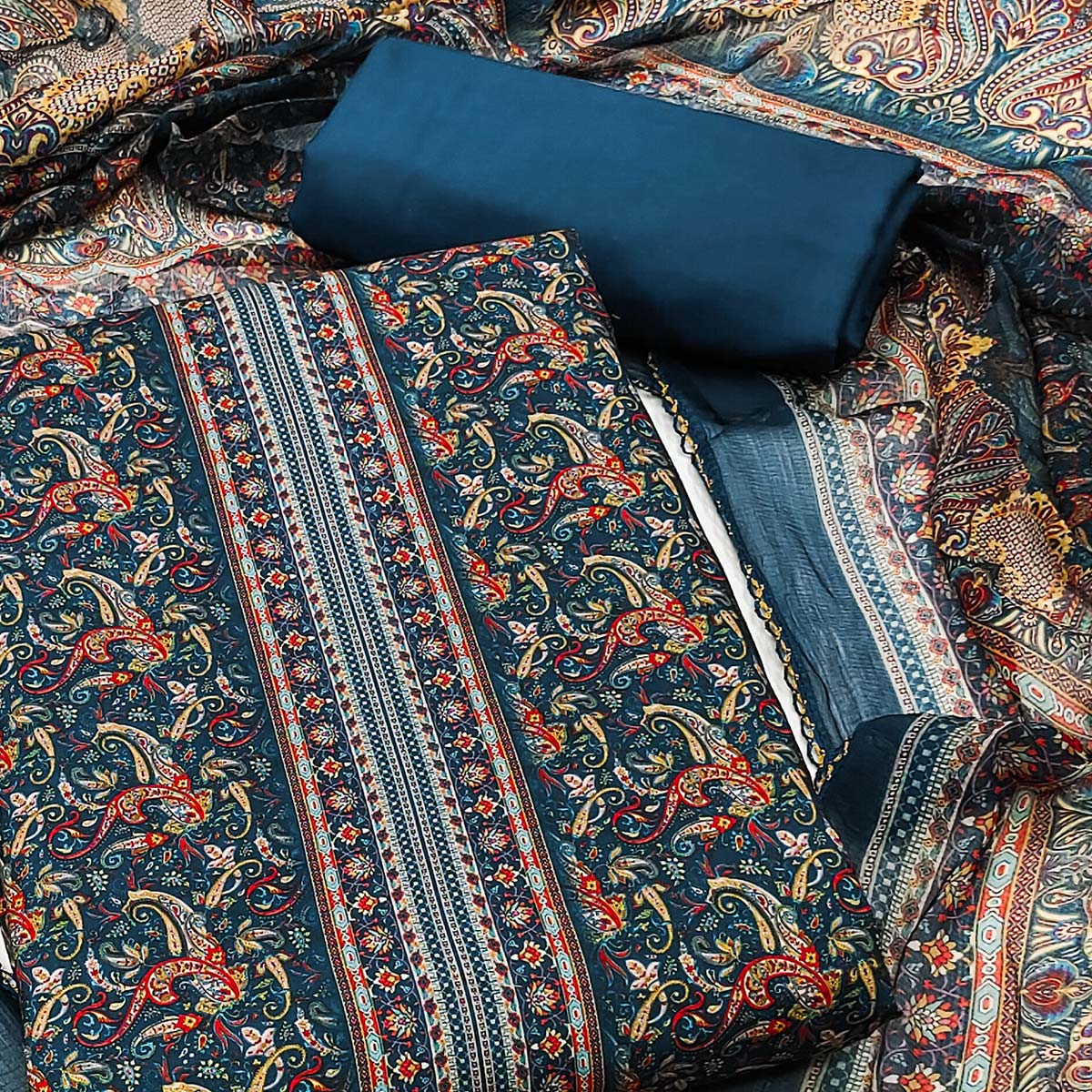 Blue Floral Digital Printed Cotton Blend Dress Material