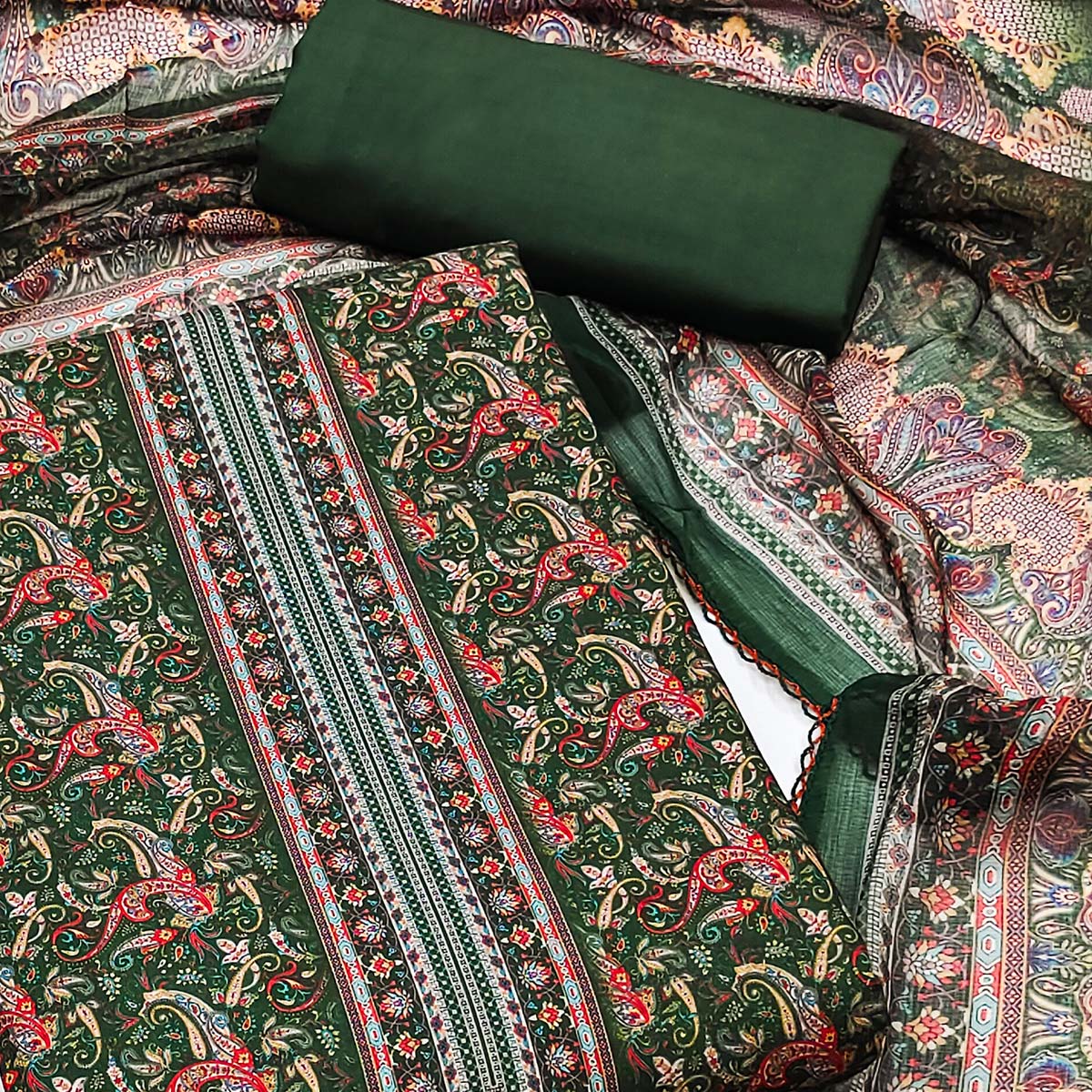 Green Floral Digital Printed Cotton Blend Dress Material
