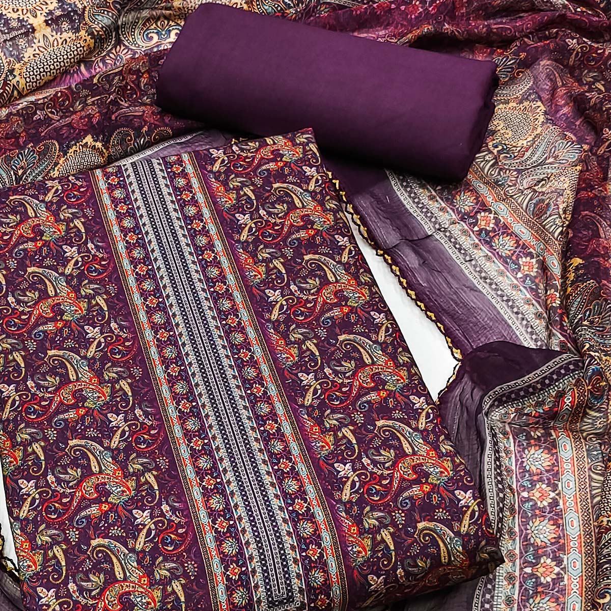 Purple Floral Digital Printed Cotton Blend Dress Material