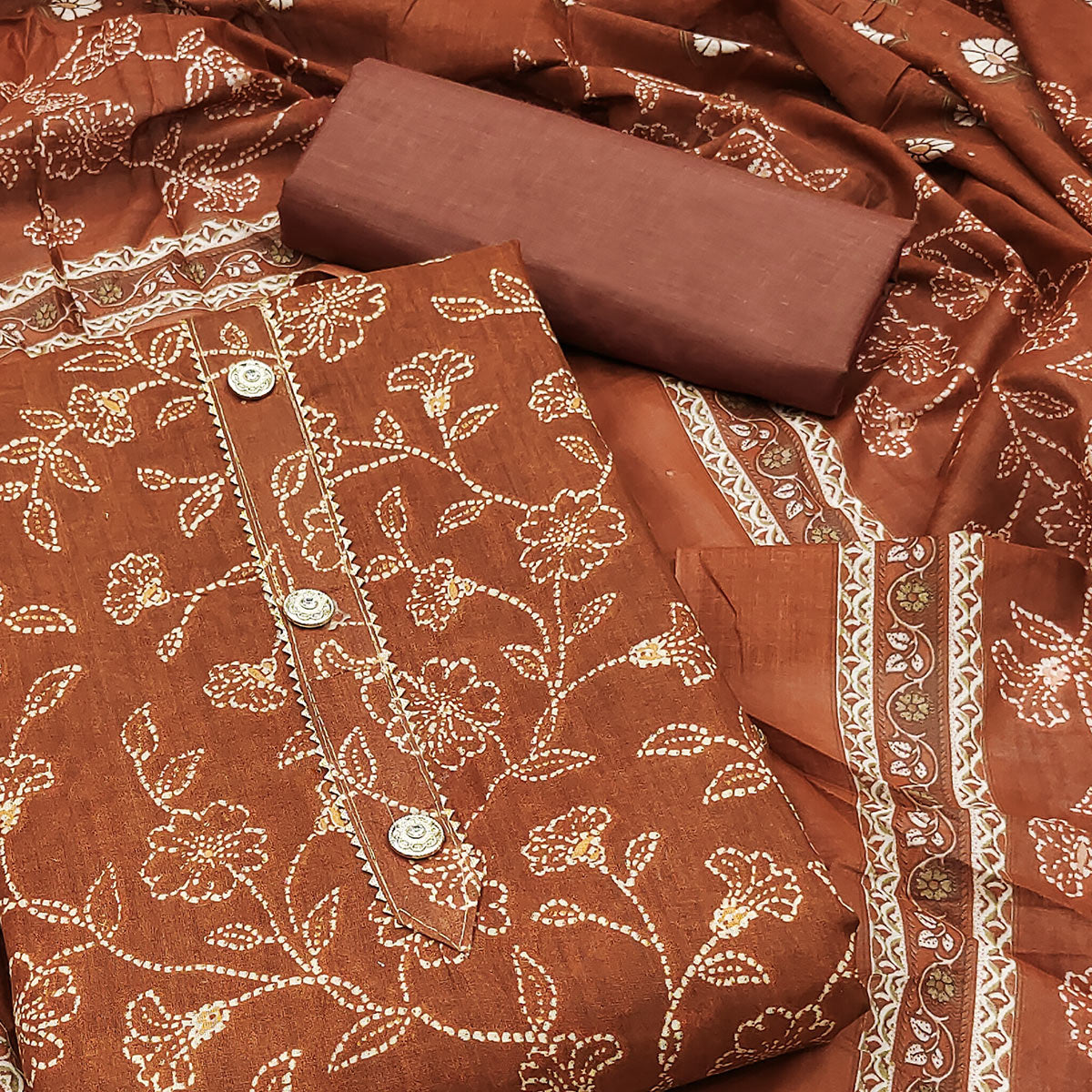 Rust Floral Printed Cotton Blend Dress Material