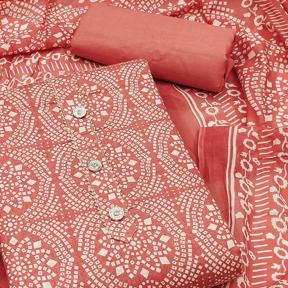 Orange Printed Cotton Blend Dress Material