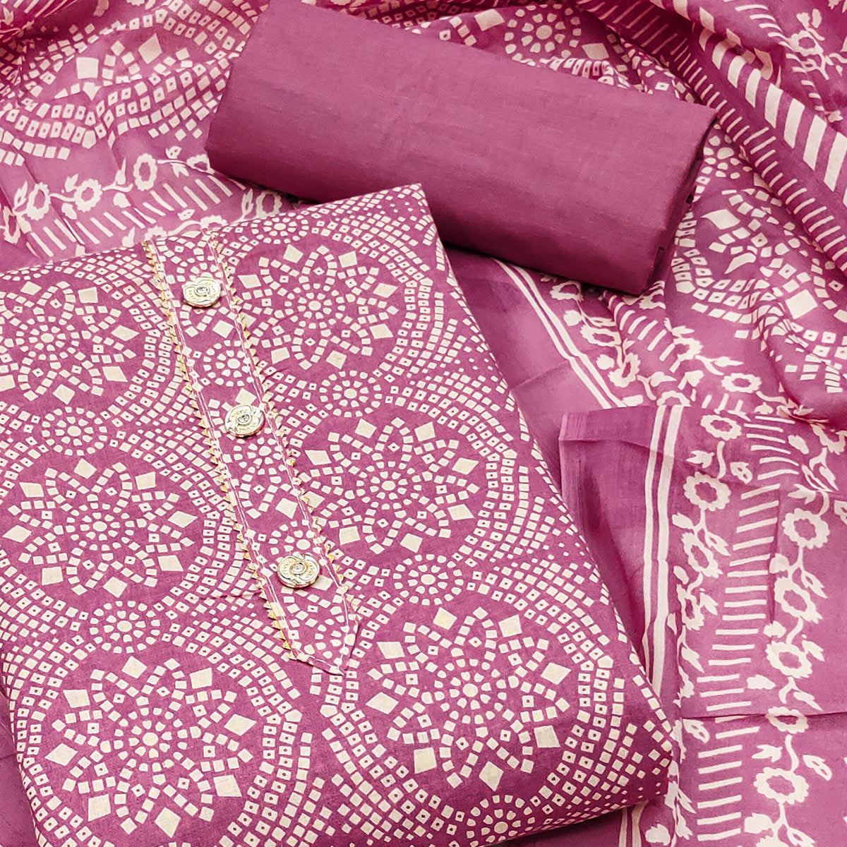 Pink Printed Cotton Blend Dress Material