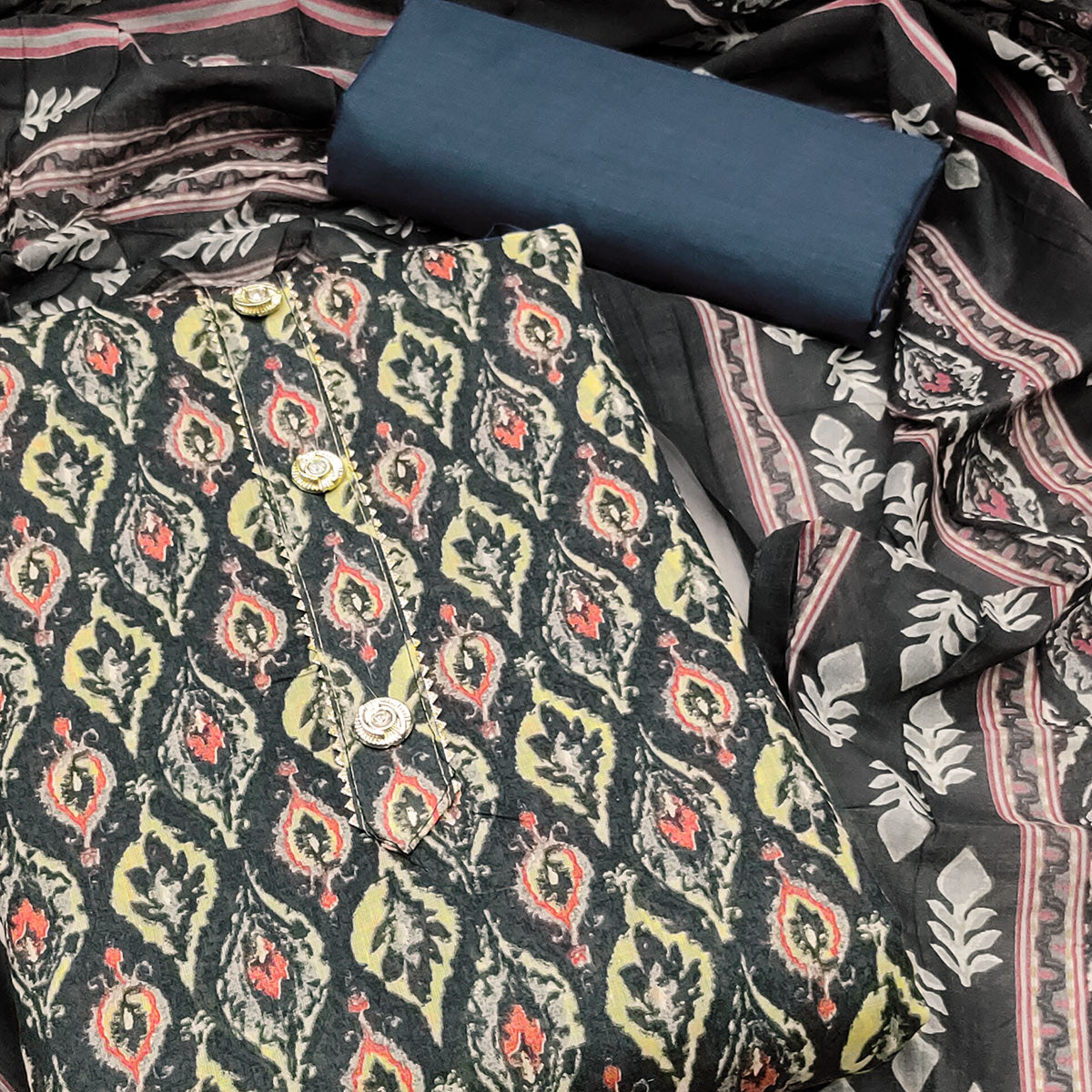 Grey Printed Cotton Blend Dress Material