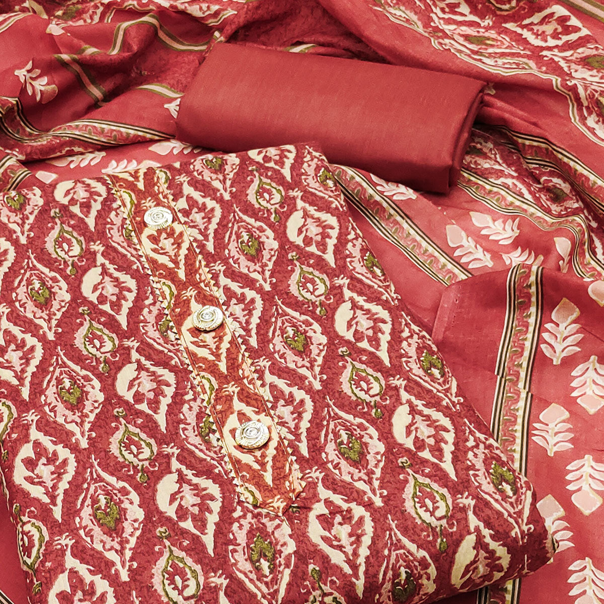 Rust Printed Cotton Blend Dress Material