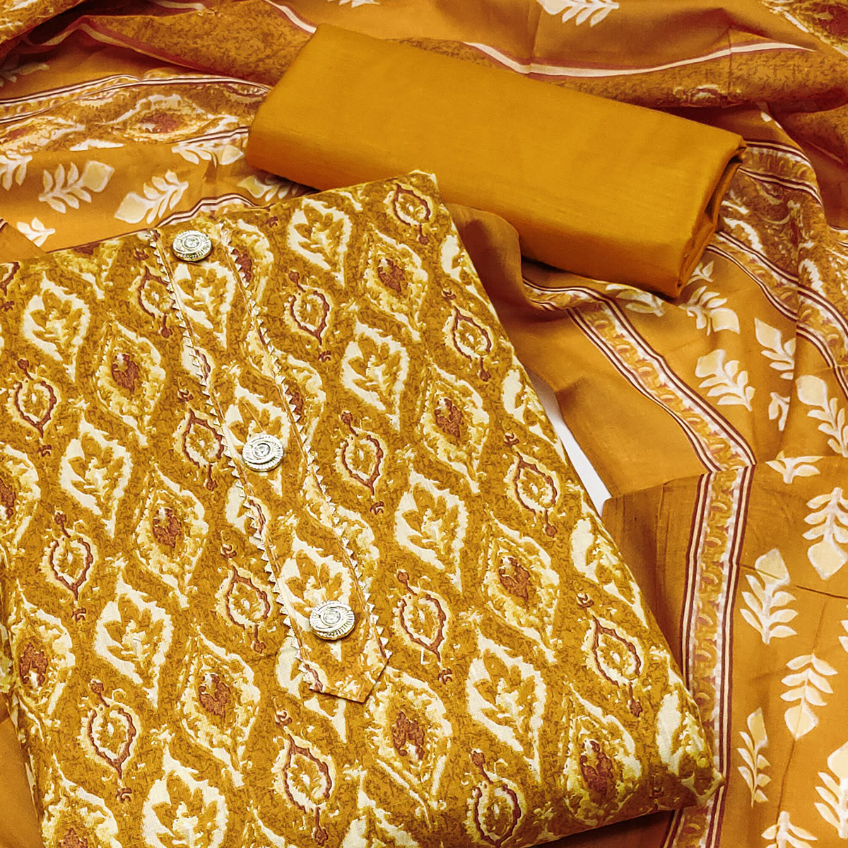 Yellow Printed Cotton Blend Dress Material