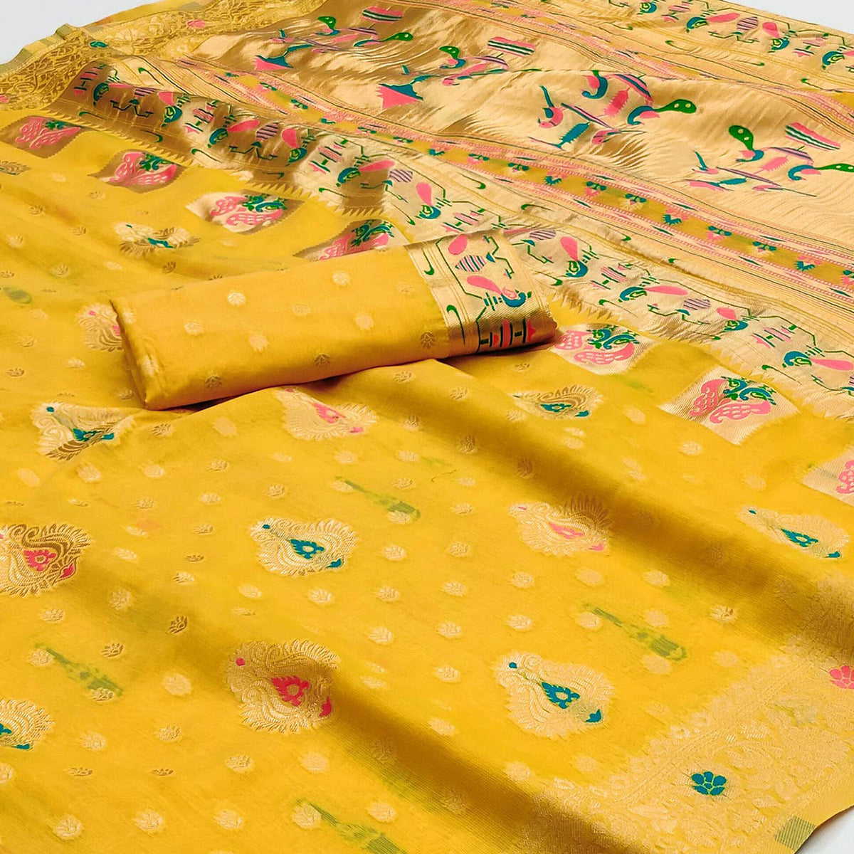 Yellow Woven Cotton Silk Paithani Saree