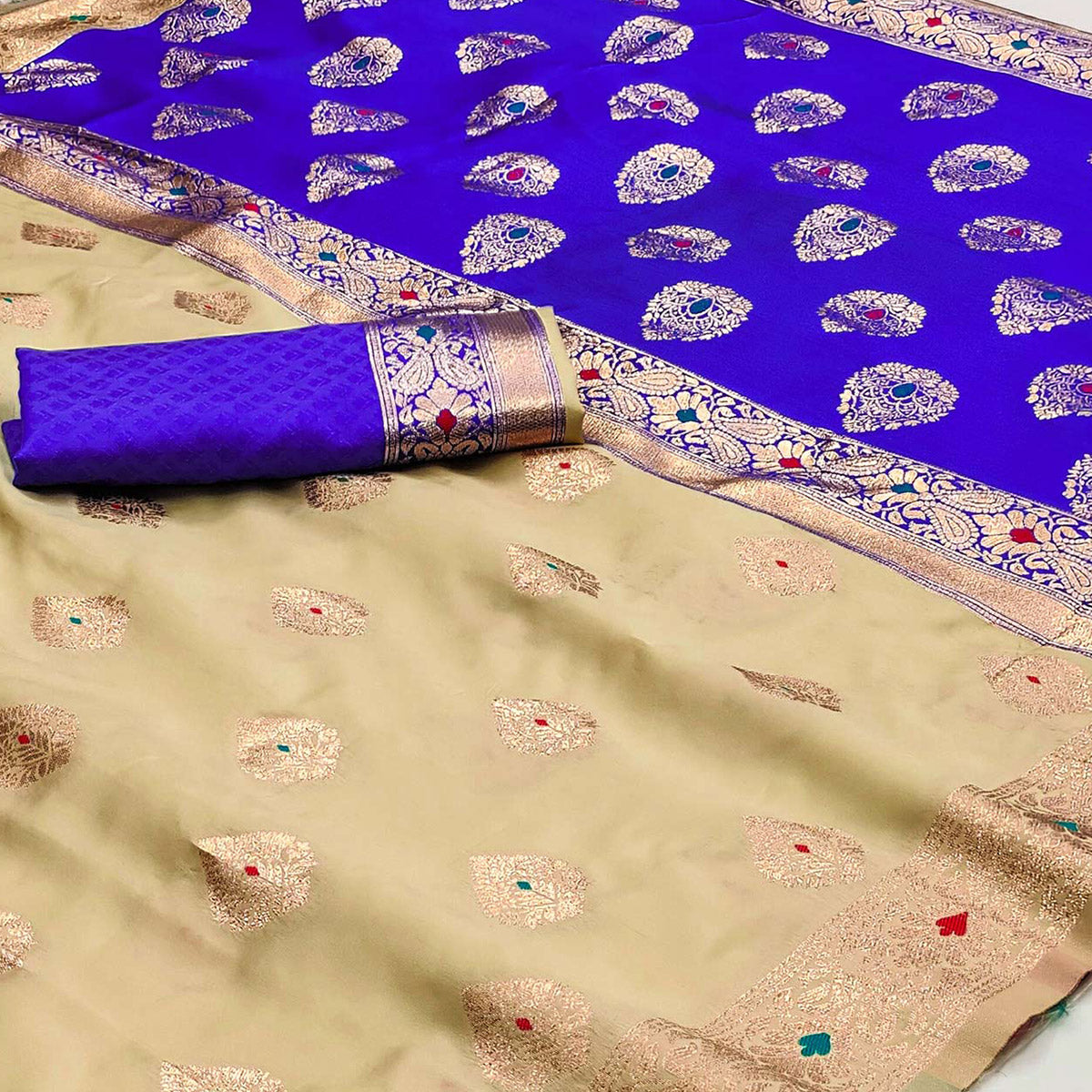 Blue Woven Cotton Silk Saree