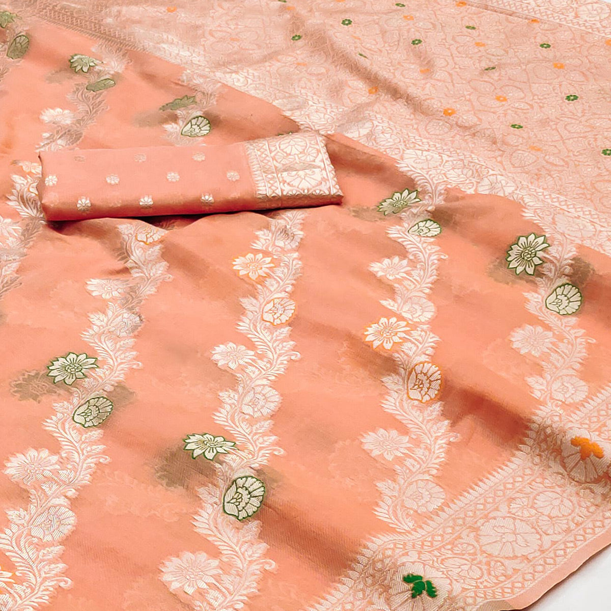 Peach Floral Woven Cotton Silk Saree