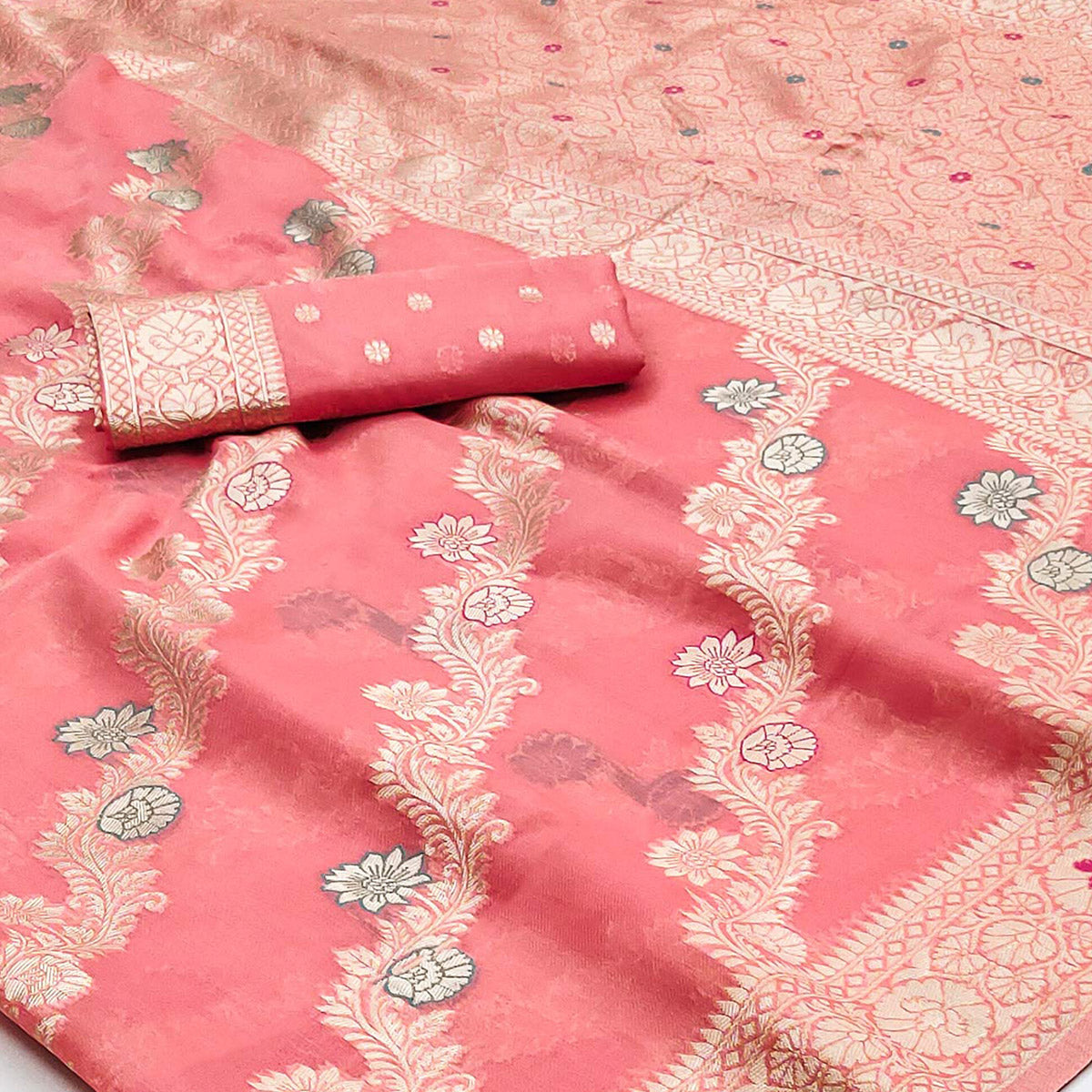 Pink Floral Woven Cotton Silk Saree
