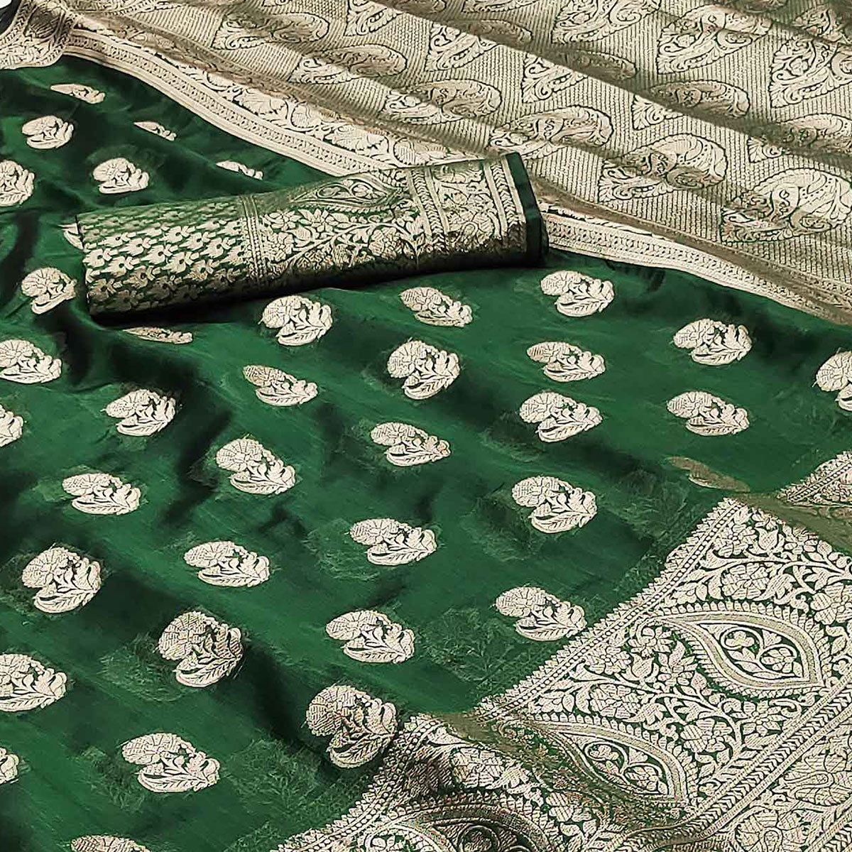 Green Floral Woven Organza Saree With Tassels