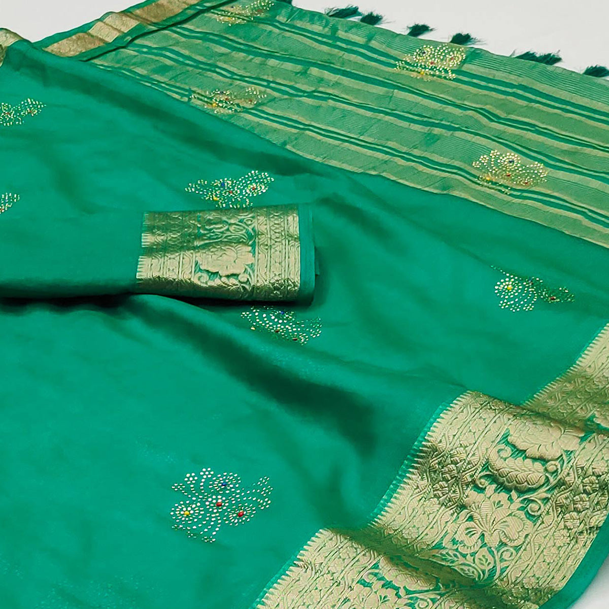 Green Woven With Swarovski Work Organza Saree