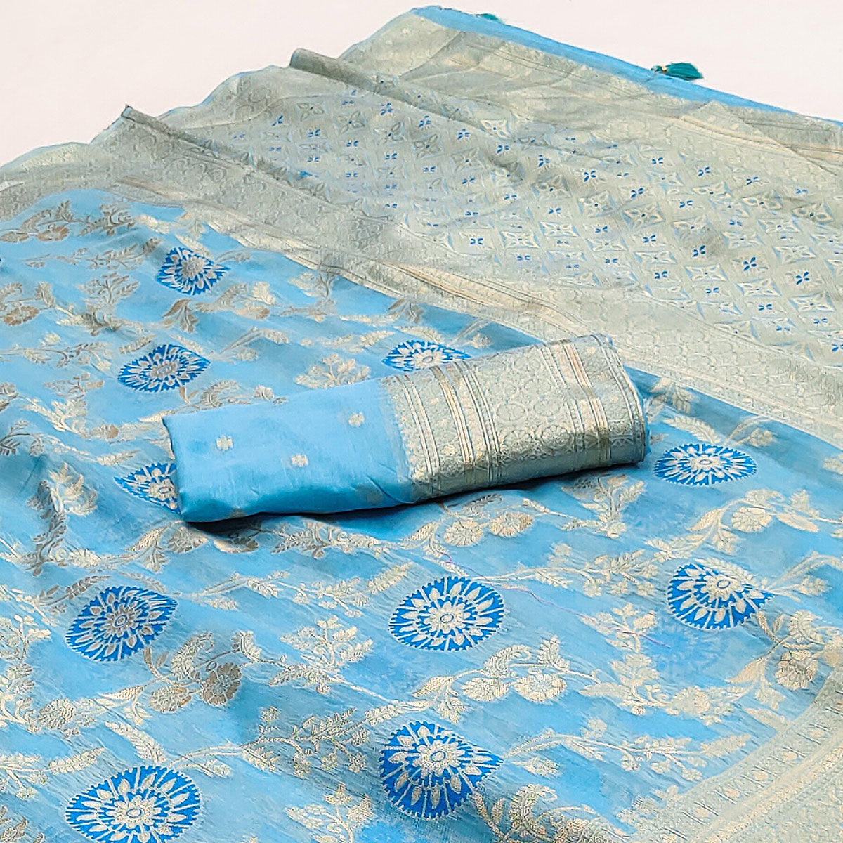 Blue Floral Woven Jacquard Saree With Tassels