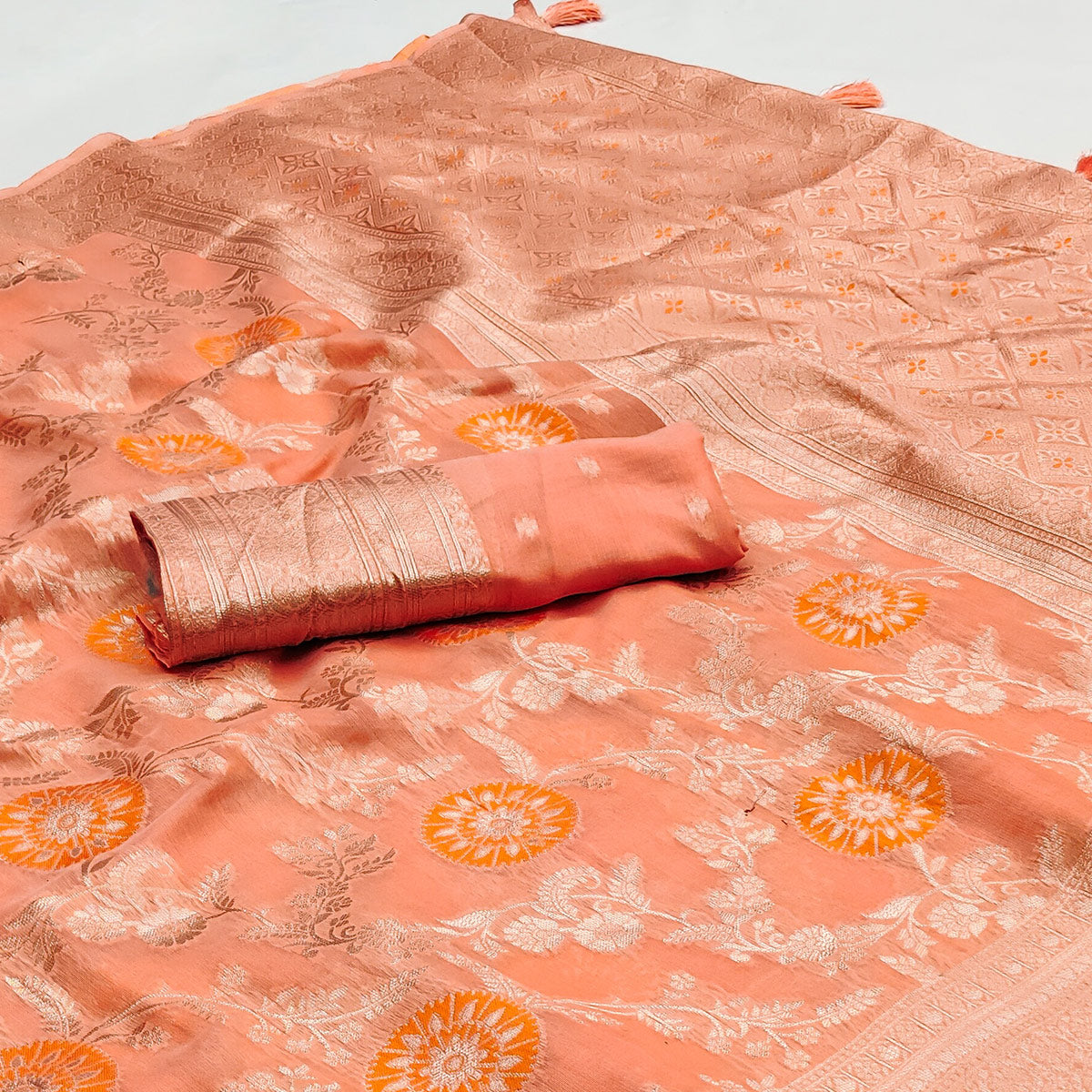 Orange Floral Woven Jacquard Saree With Tassels