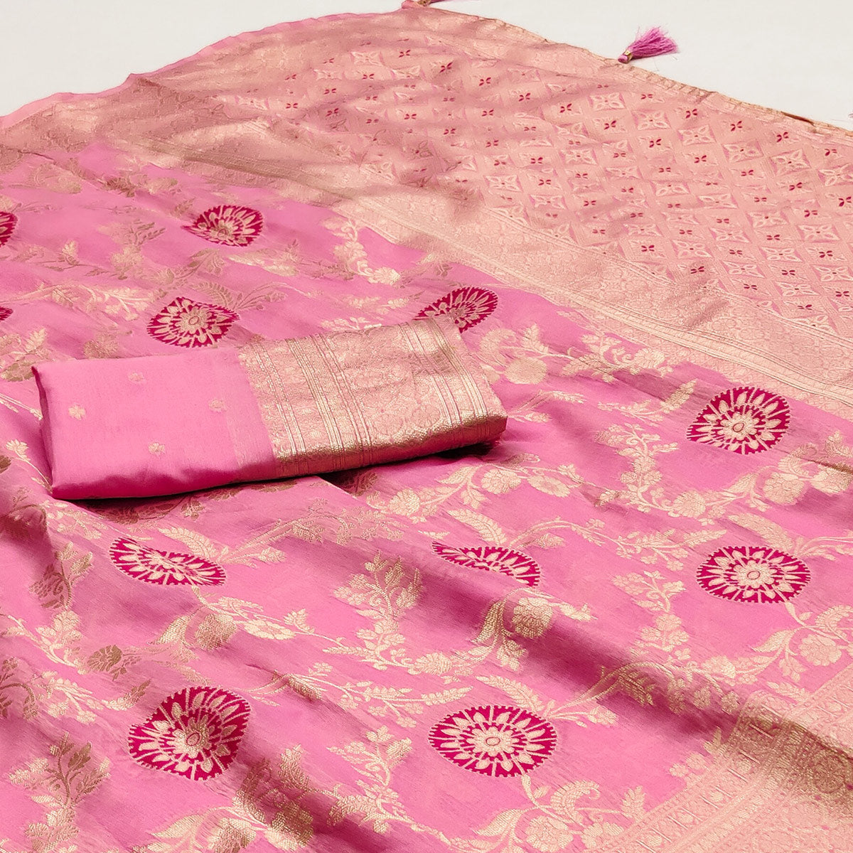 Pink Floral Woven Jacquard Saree With Tassels