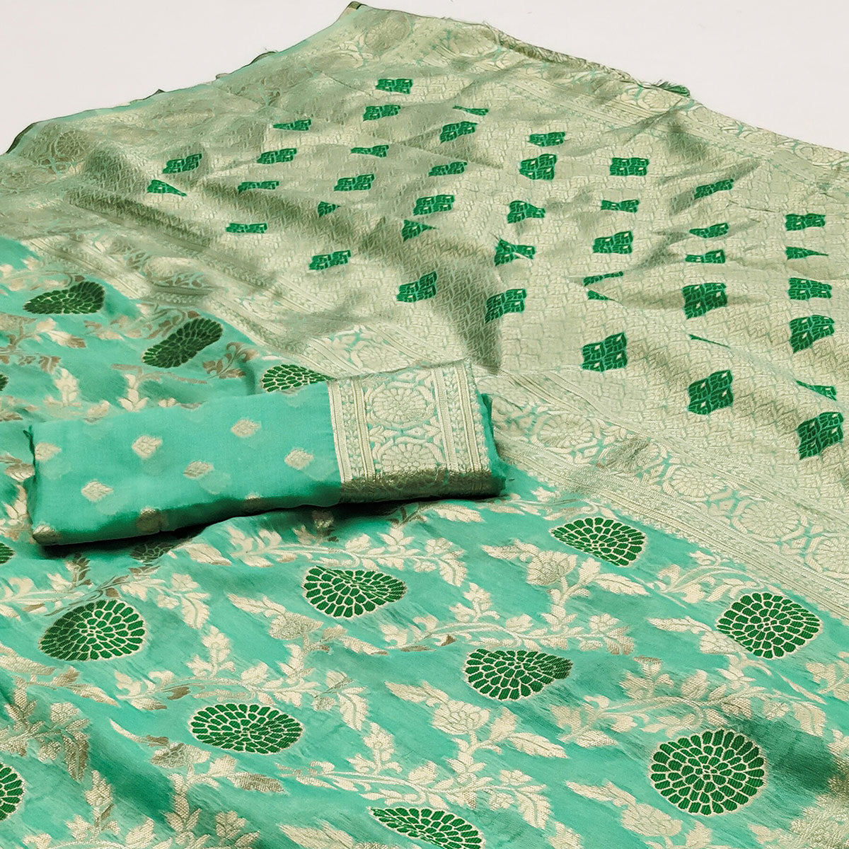 Rama Green Floral Woven Jacquard Saree With Tassels