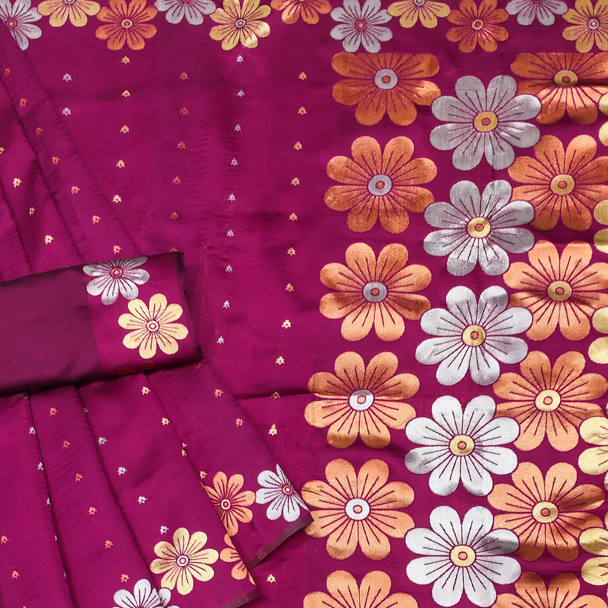 Magenta Floral Zari Woven Cotton Silk Saree