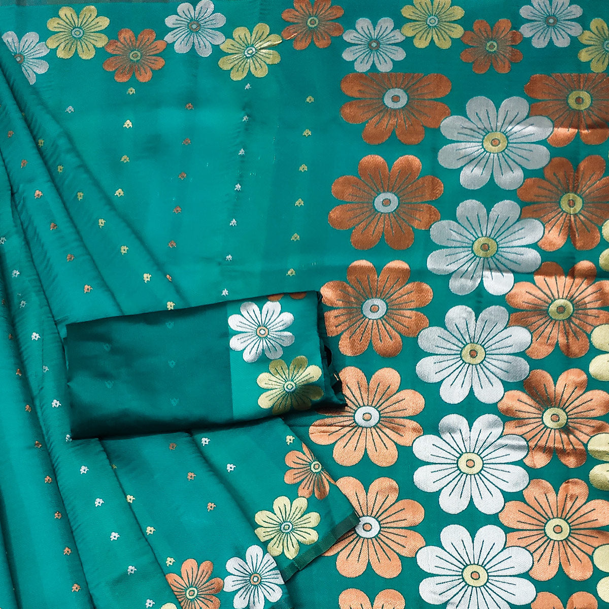 Teal Floral Zari Woven Cotton Silk Saree