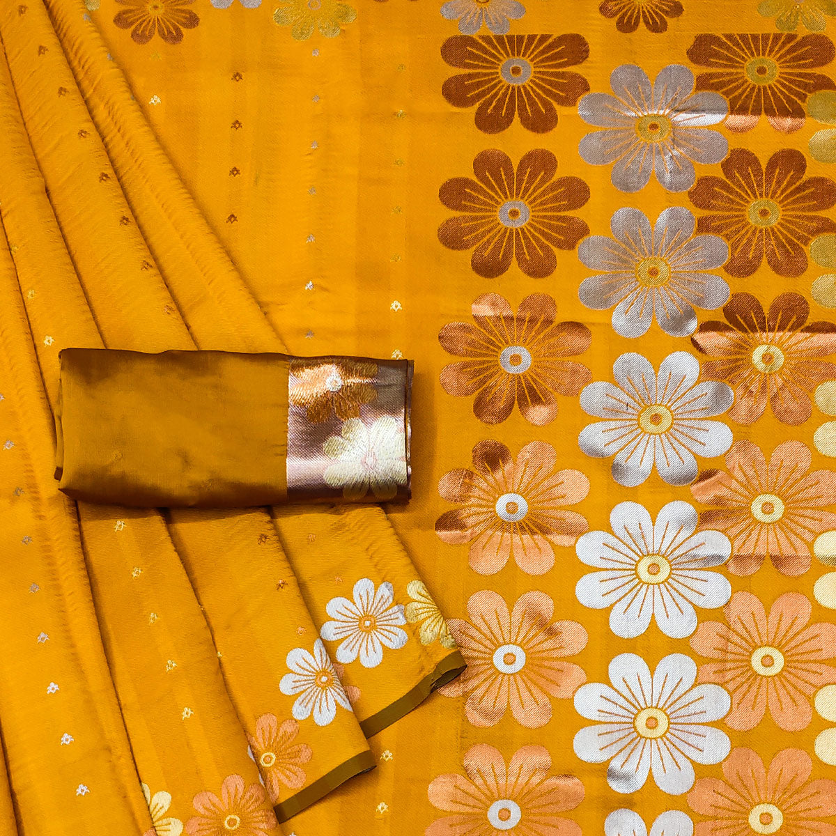 Yellow Floral Zari Woven Cotton Silk Saree