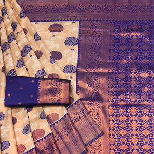 Cream & Blue Floral Zari Woven Cotton Silk Saree
