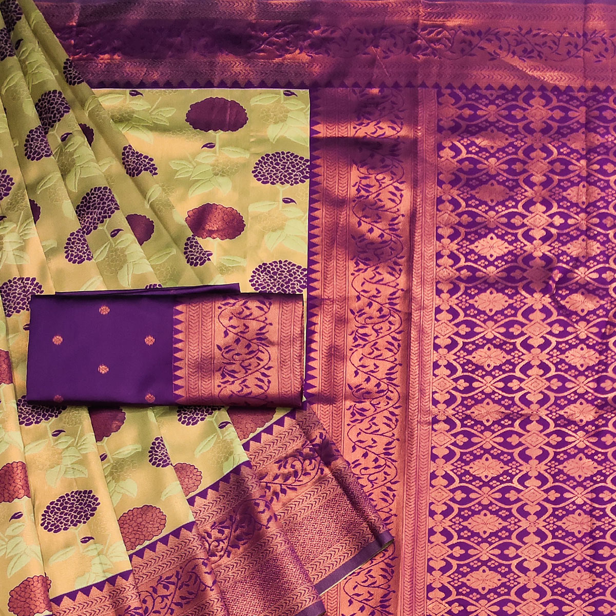 Cream & Purple Floral Zari Woven Cotton Silk Saree