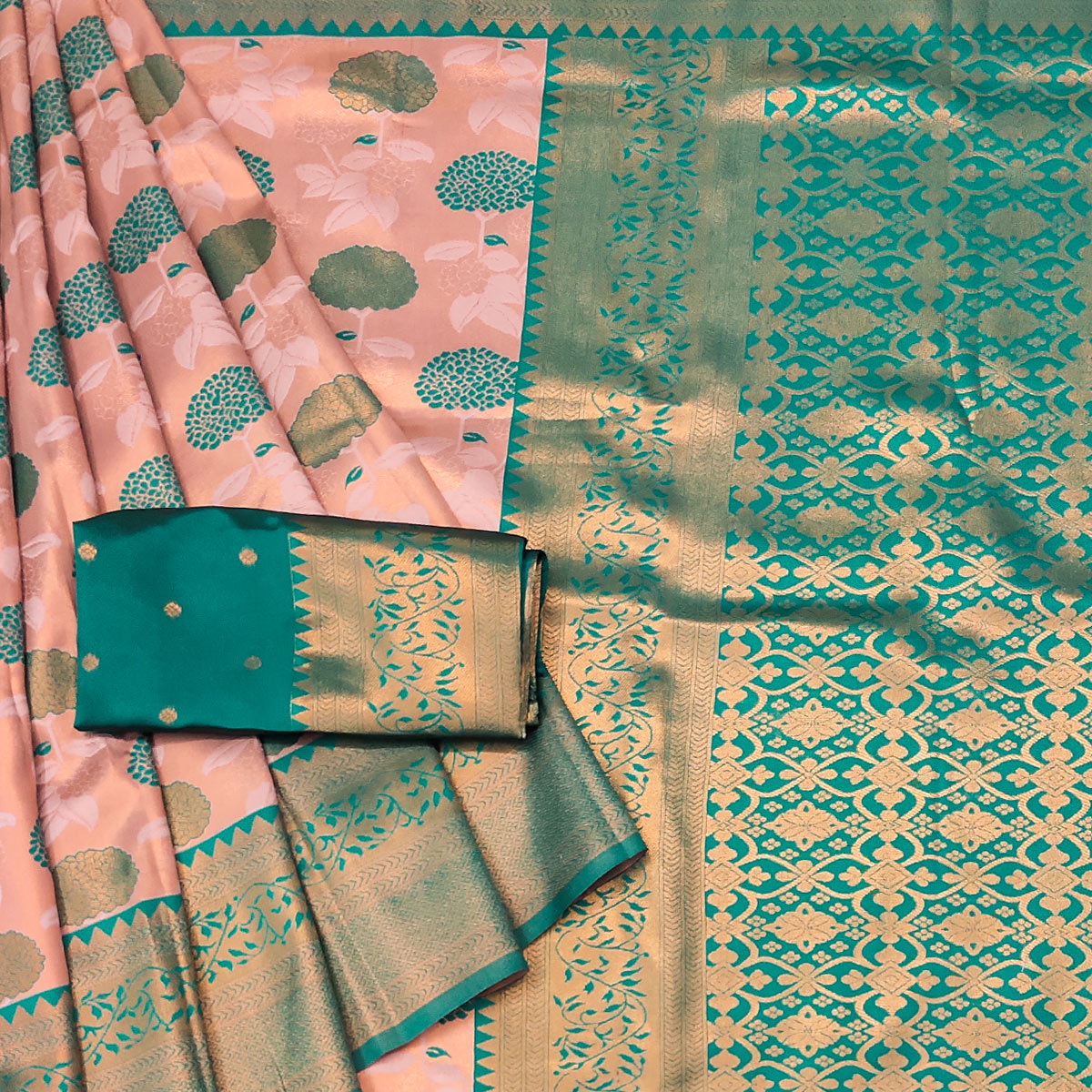 Peach & Green Floral Zari Woven Cotton Silk Saree