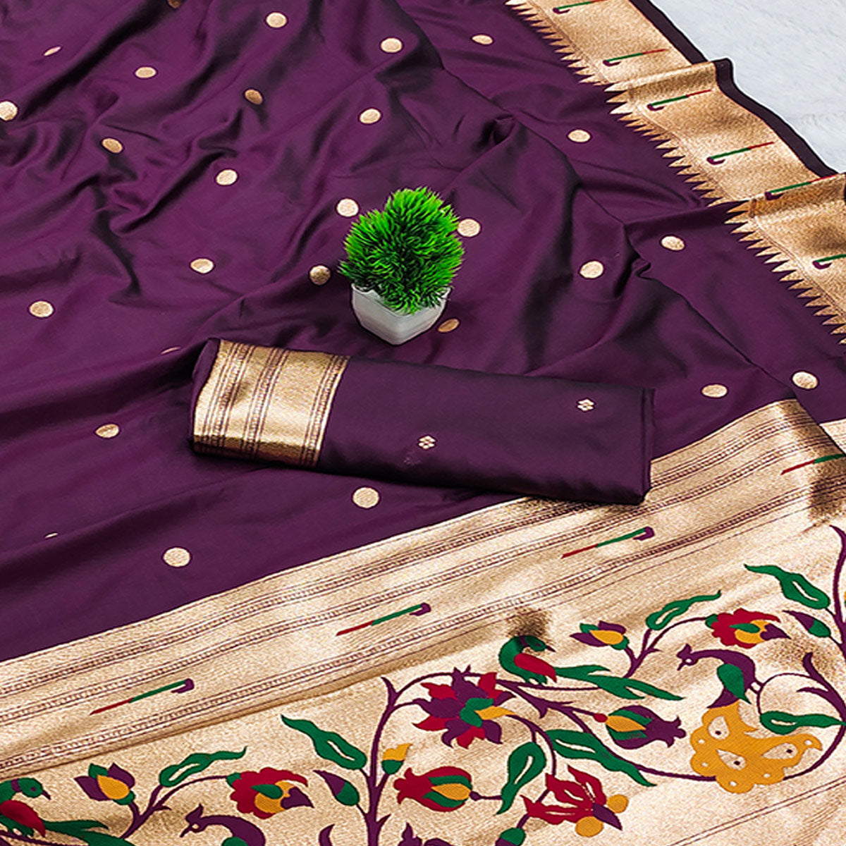 Dark Purple Paithani Style Cotton Silk Saree with Golden Zari Detailing