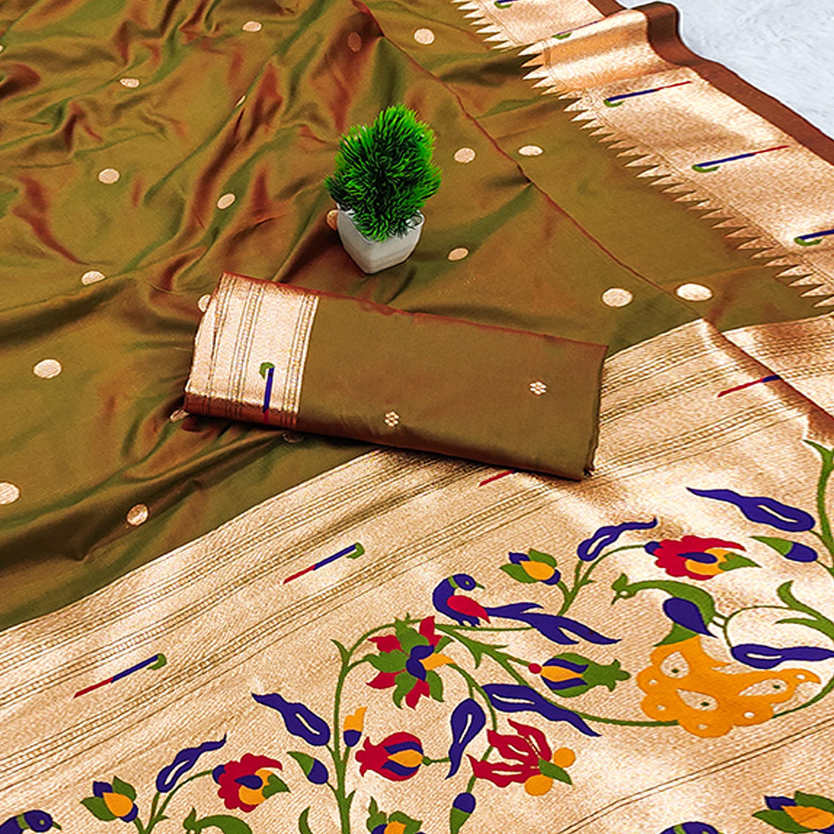 Olive Paithani Style Cotton Silk Saree with Golden Zari Detailing