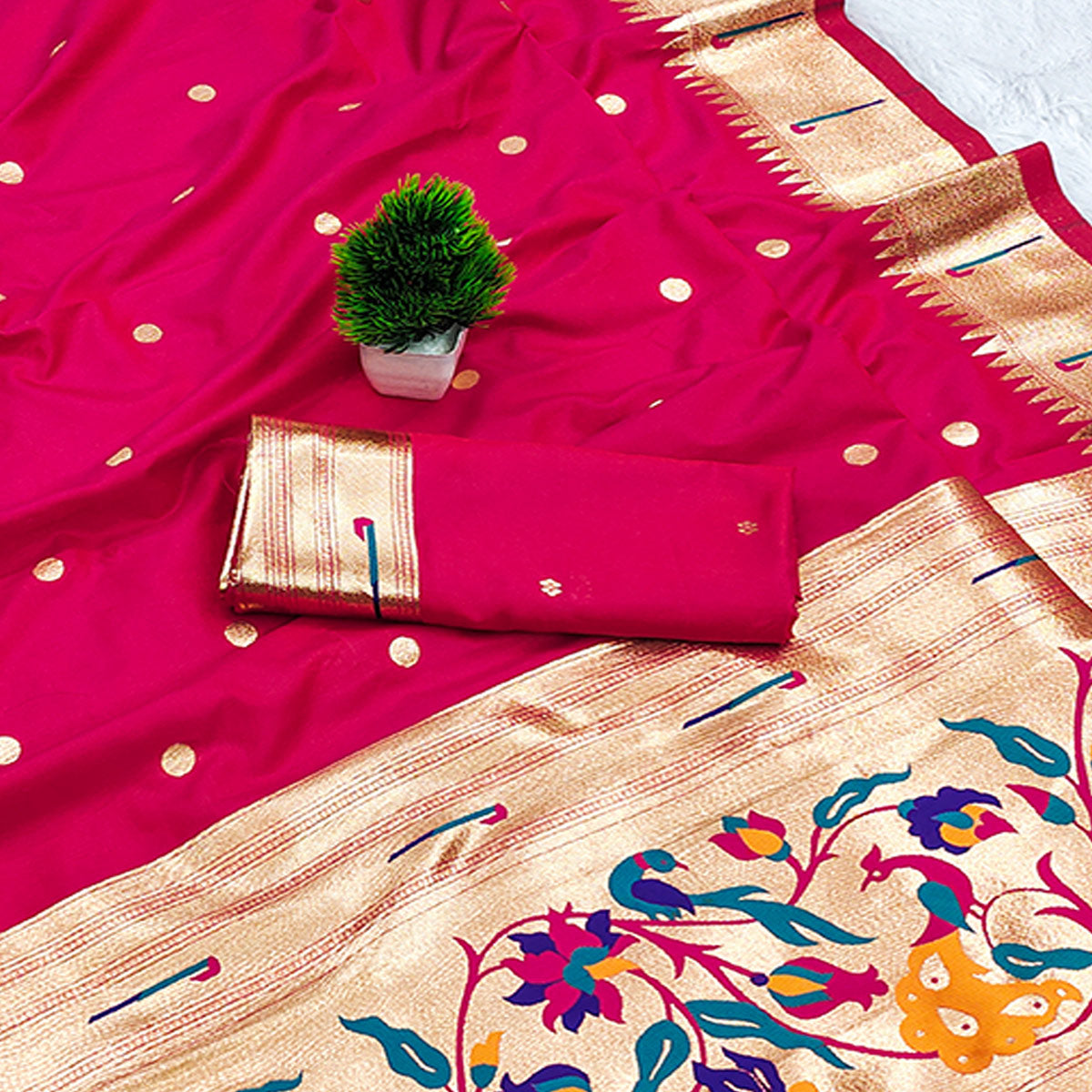 Pink Paithani Style Cotton Silk Saree with Golden Zari Detailing