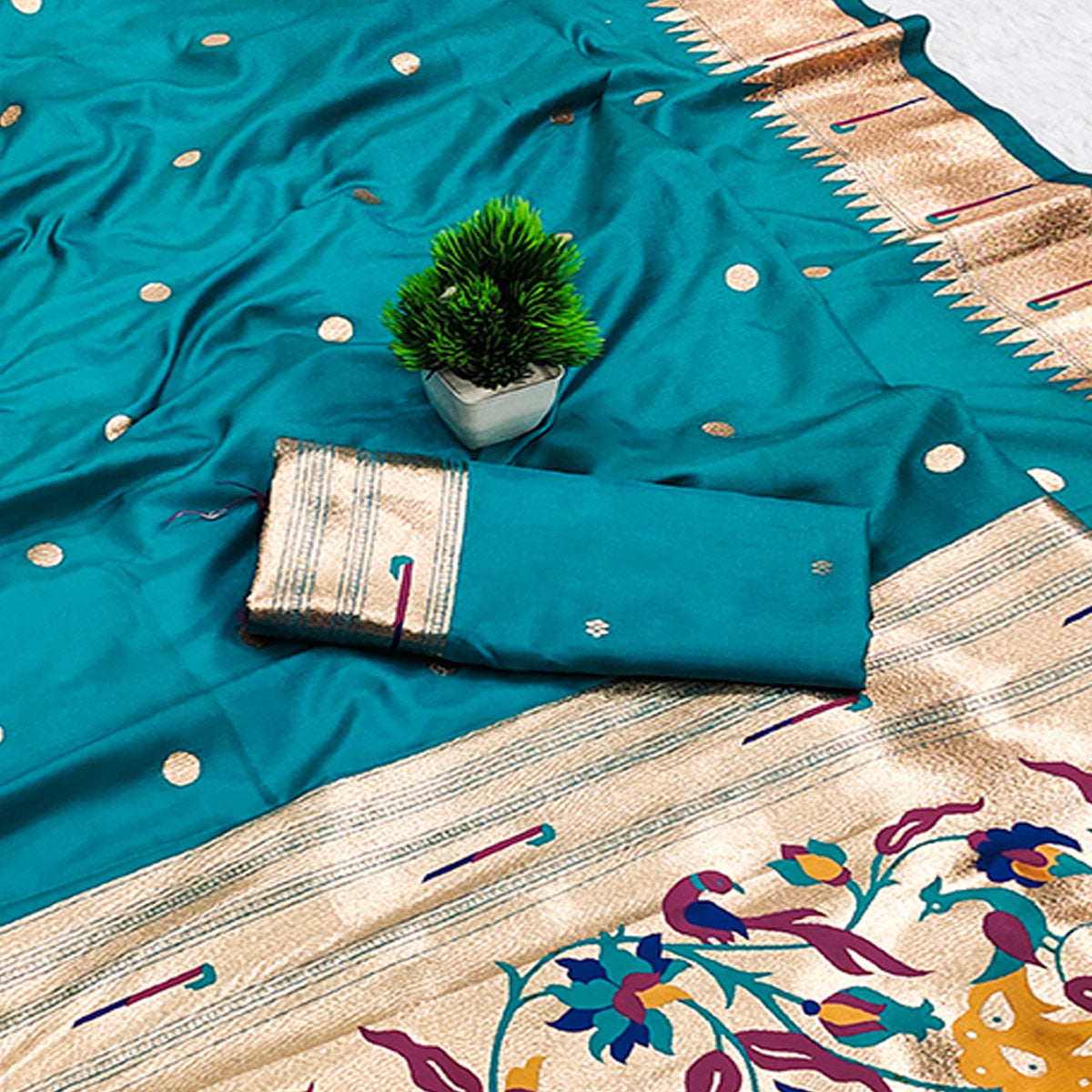 Rama Blue Paithani Style Cotton Silk Saree with Golden Zari Detailing
