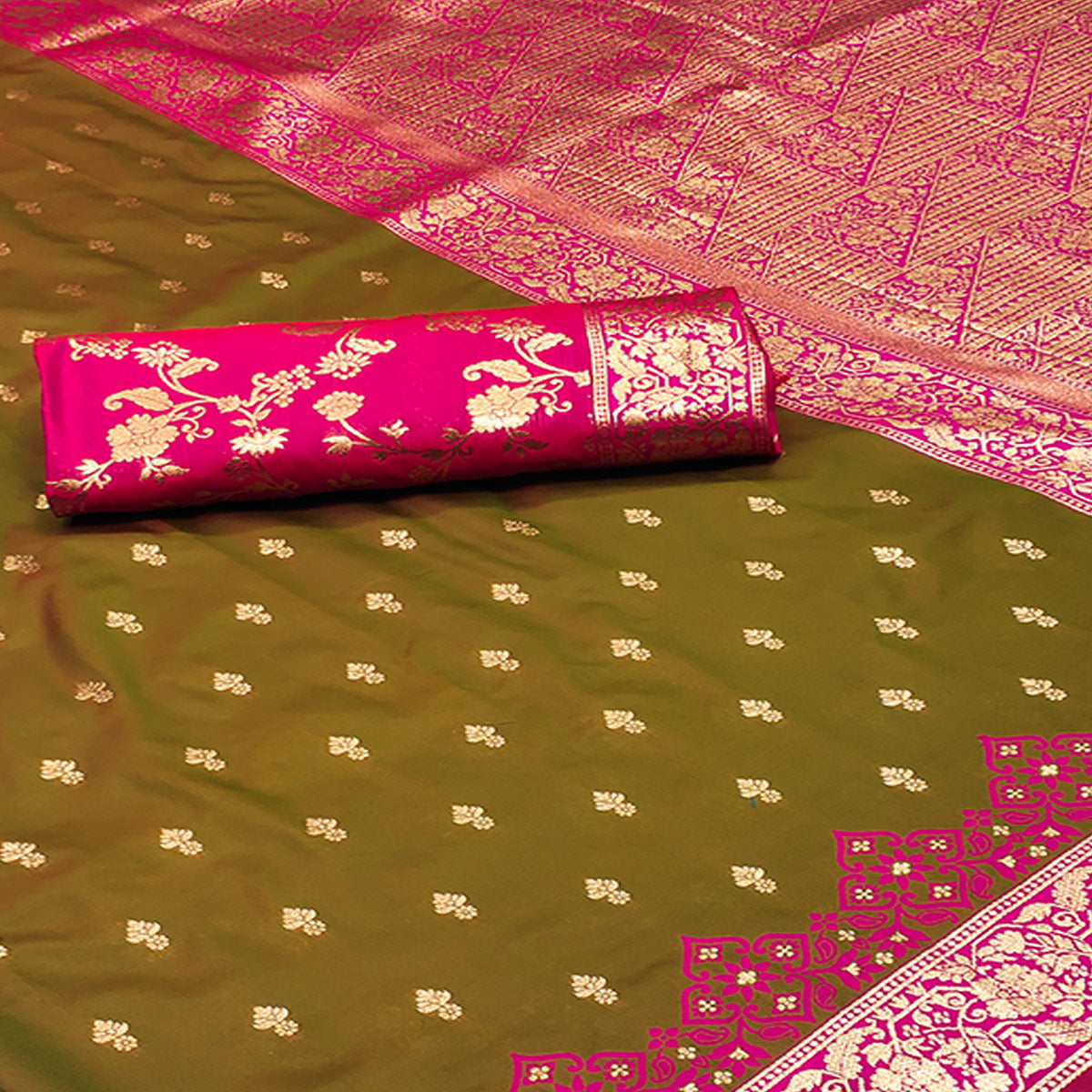 Olive Cotton Silk Saree with Intricate Zari Weaving