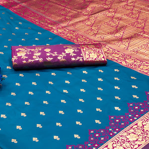 Rama Blue Cotton Silk Saree with Intricate Zari Weaving