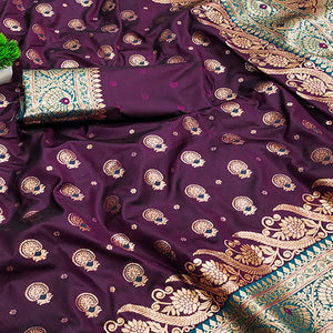 Wine Traditional Zari Woven Cotton Silk Saree for Special Occasions