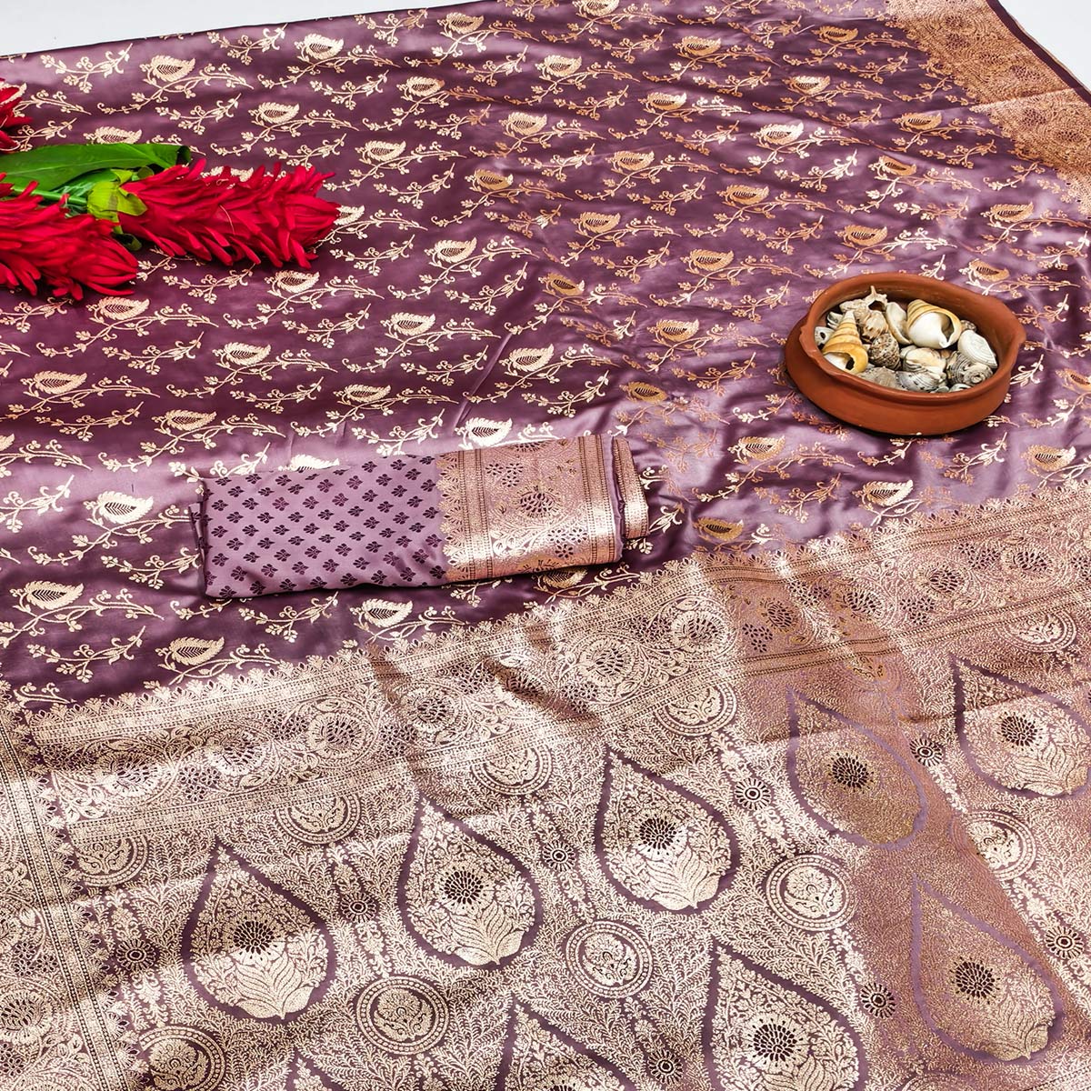 Luxury Plum Purple Silk Saree with Classic Zari Butti Woven Patterns