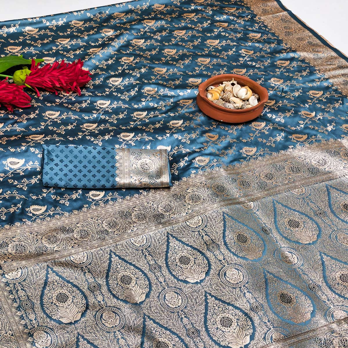 Teal Silk Saree with Classic Zari Butti Woven Patterns