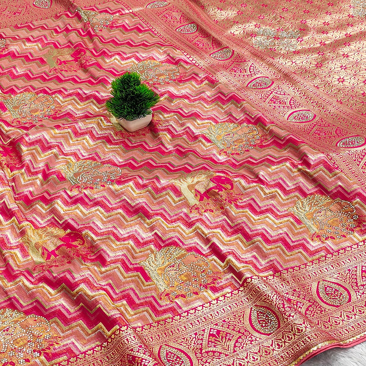 Pink Kanjivaram Silk Weaving Saree Accented With Exquisite Floral & Elephant Motif & Jarkan Work