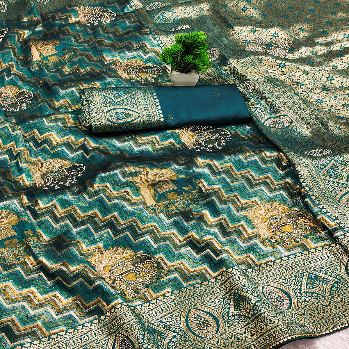 Teal Kanjivaram Silk Weaving Saree Accented With Exquisite Floral & Elephant Motif & Jarkan Work