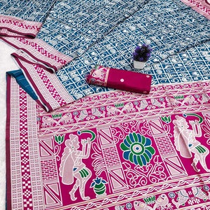 Elegant Blue Weaving Cotton Silk Saree Accented With Detailed Madhubani Folk Art Work