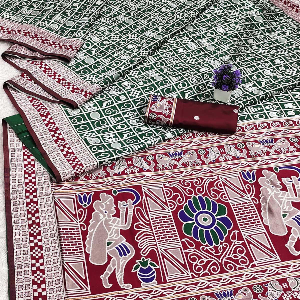 Elegant Green Weaving Cotton Silk Saree Accented With Detailed Madhubani Folk Art Work