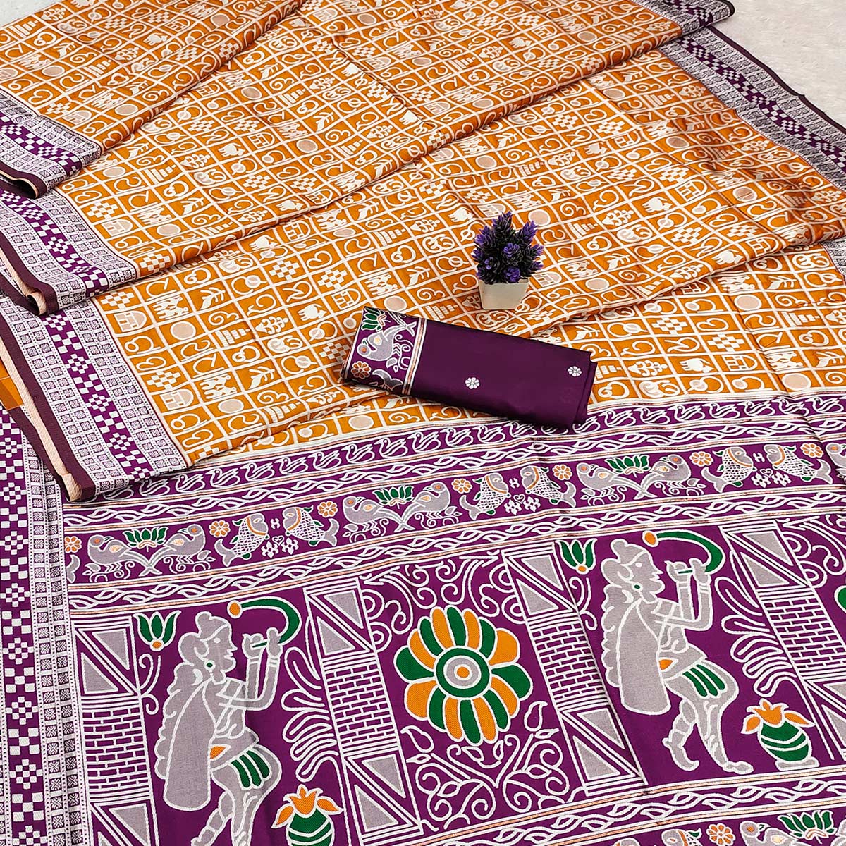 Elegant Mustard Weaving Cotton Silk Saree Accented With Detailed Madhubani Folk Art Work