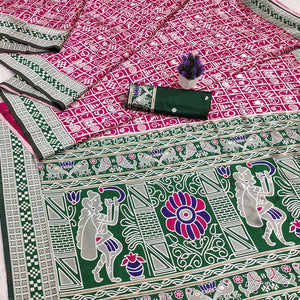 Elegant Pink Weaving Cotton Silk Saree Accented With Detailed Madhubani Folk Art Work