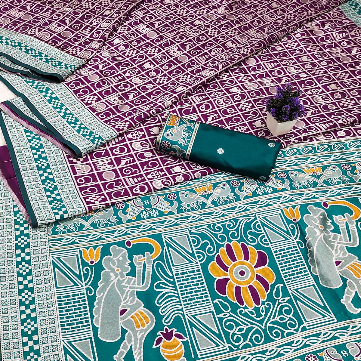 Elegant Purple Weaving Cotton Silk Saree Accented With Detailed Madhubani Folk Art Work