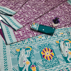Elegant Purple Weaving Cotton Silk Saree Accented With Detailed Madhubani Folk Art Work