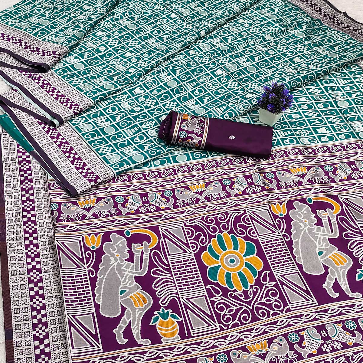 Elegant Teal Weaving Cotton Silk Saree Accented With Detailed Madhubani Folk Art Work