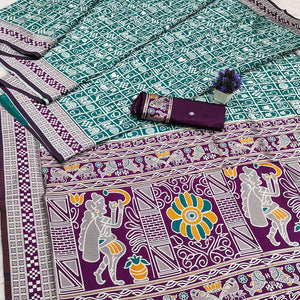 Elegant Teal Weaving Cotton Silk Saree Accented With Detailed Madhubani Folk Art Work