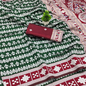 Green Weaving Cotton Silk Saree With Contrasting Floral & Peacock Design Pallu