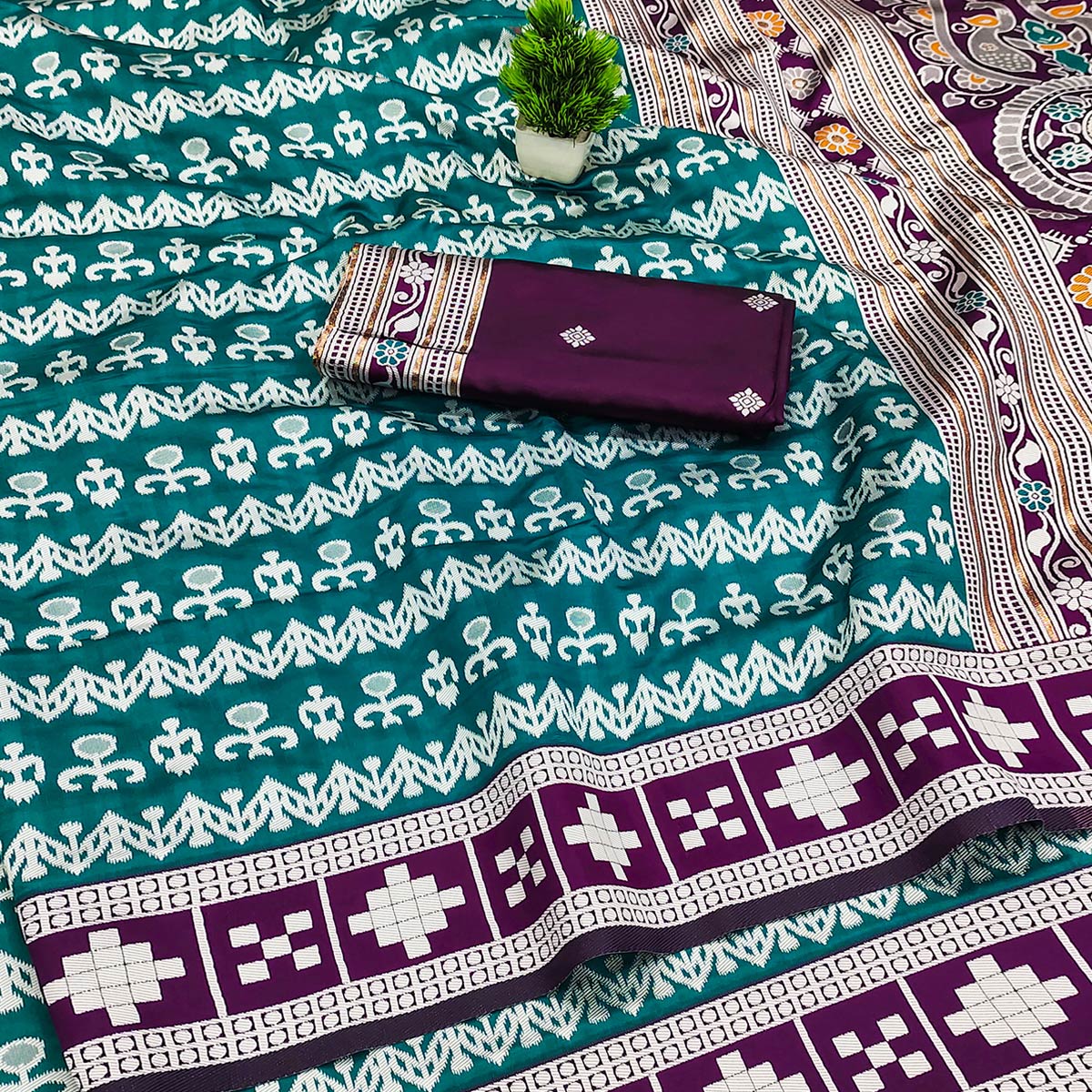 Teal Weaving Cotton Silk Saree With Contrasting Floral & Peacock Design Pallu