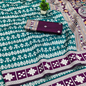 Teal Weaving Cotton Silk Saree With Contrasting Floral & Peacock Design Pallu