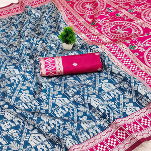 Blue Warli Tribal Weaving Cotton Silk Saree With Madhubani Art Work Pallu