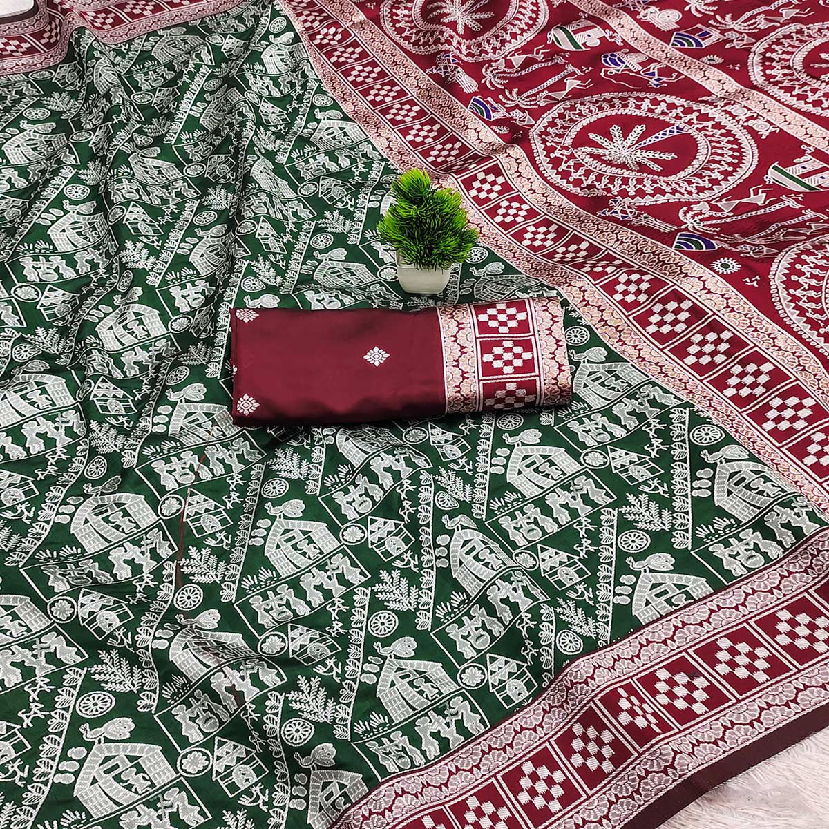 Green Warli Tribal Weaving Cotton Silk Saree With Madhubani Art Work Pallu